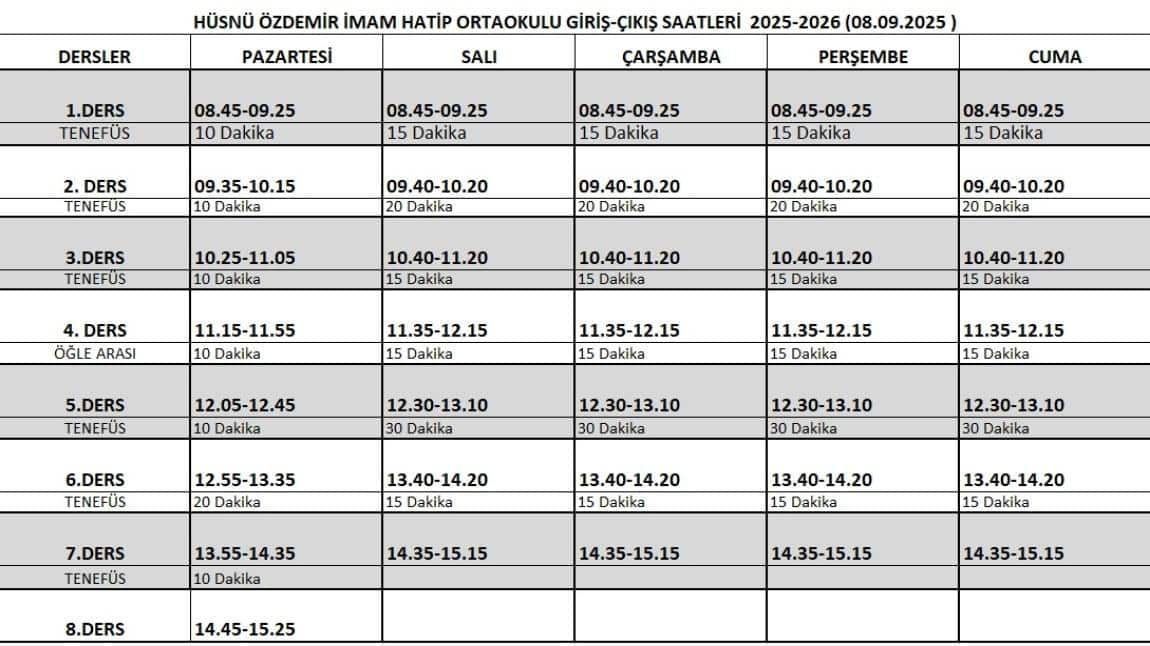 2025-2026 Eğitim Öğretim Yılı Ders Giriş ve Çıkış Saarlerimiz